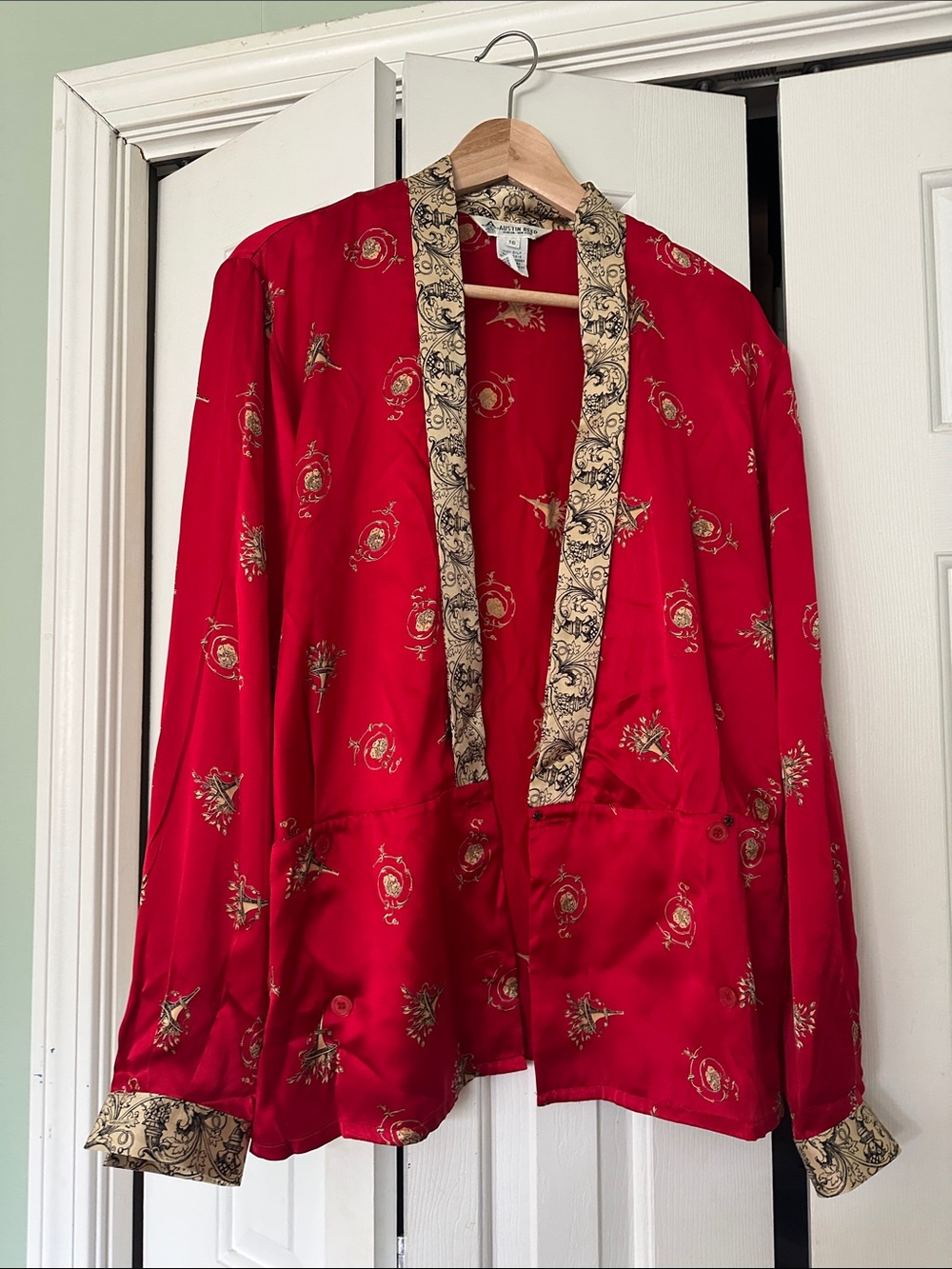Austin Reed Red Satin Kimono Jacket with Cream Trim